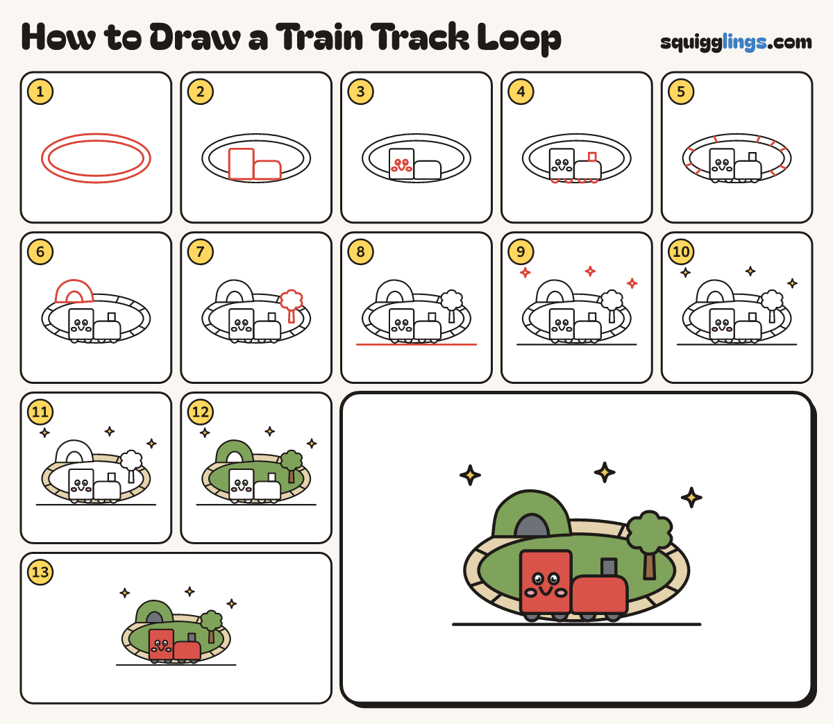 How to Draw a Train Track Loop step by step: all 13 steps in one picture