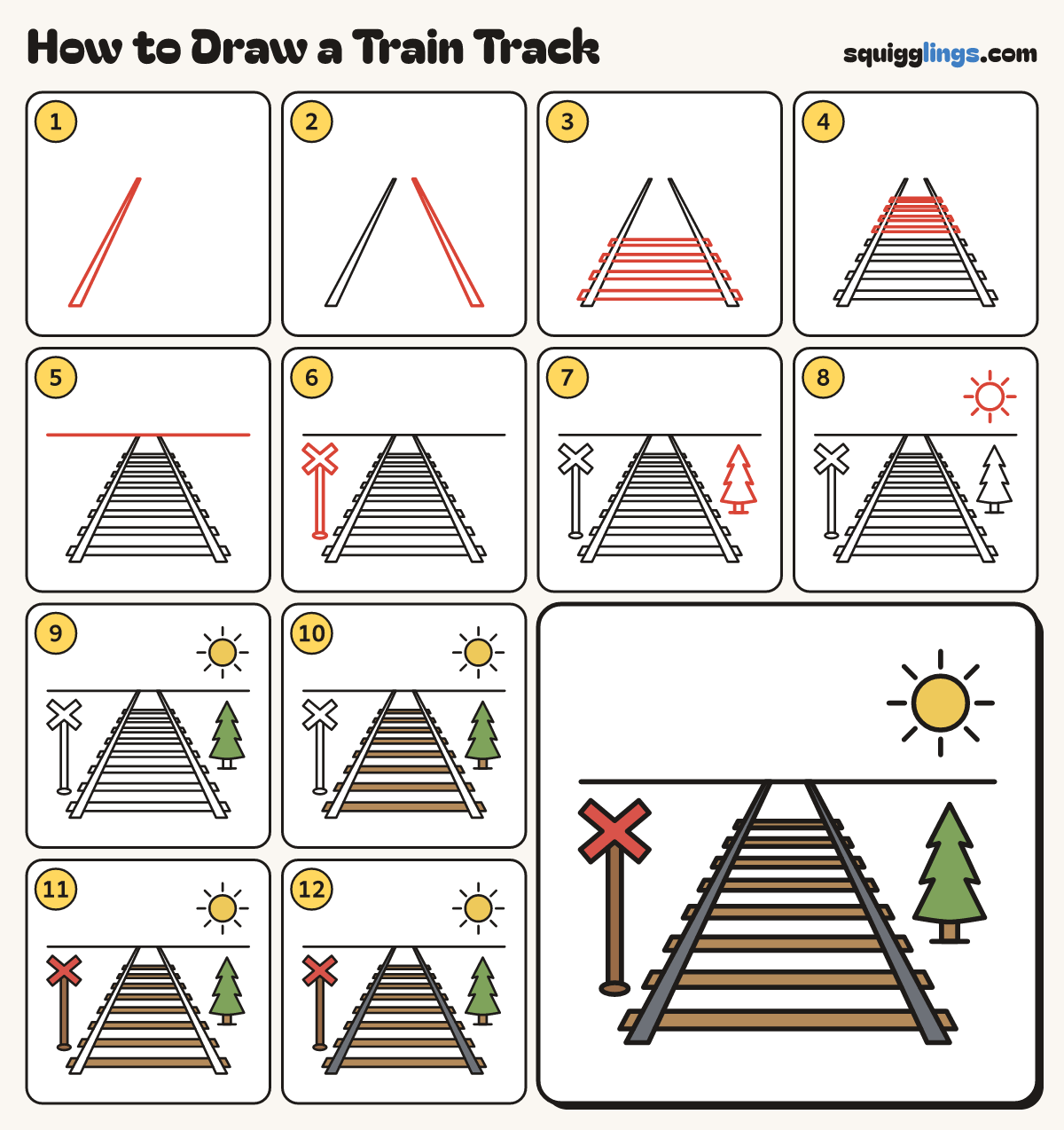 How to Draw a Train Track step by step: all 12 steps in one picture