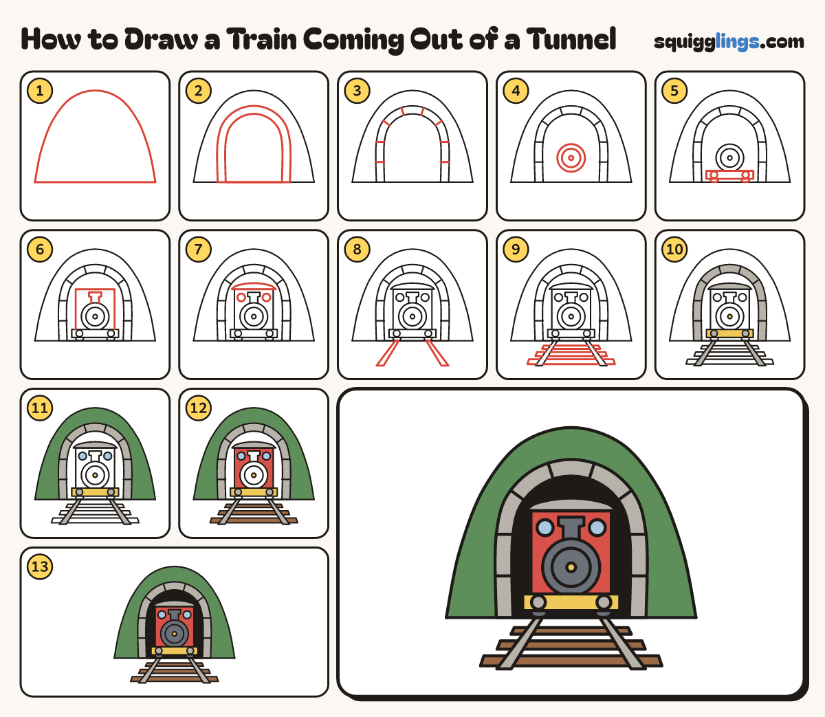 How to Draw a Train Coming Out of a Tunnel step by step: all 13 steps in one picture