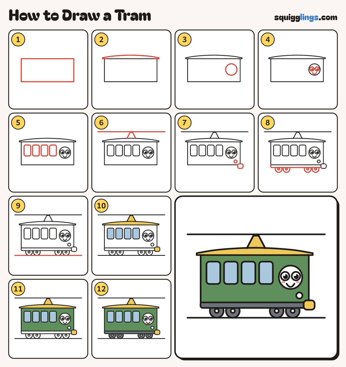 How to Draw a Tram step by step: all 12 steps in one picture
