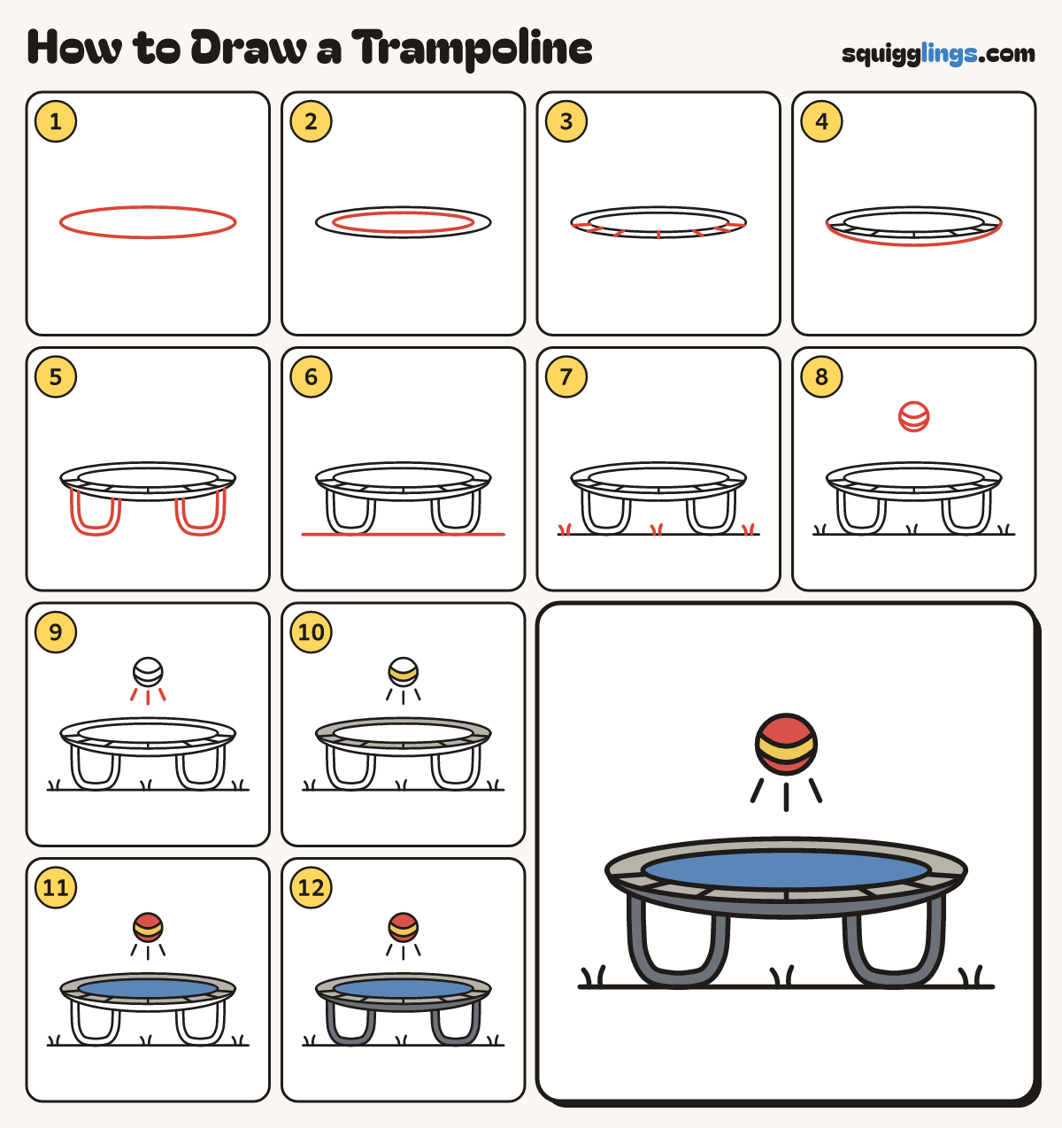 How to Draw a Trampoline step by step: all 12 steps in one picture
