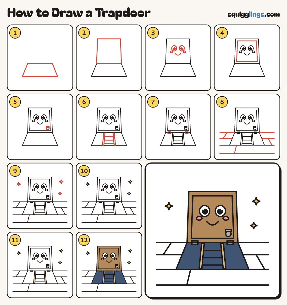 How to Draw a Trapdoor step by step: all 12 steps in one picture
