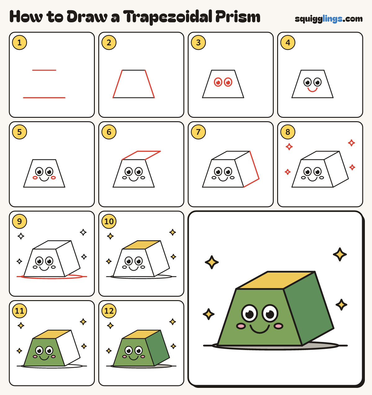 How to Draw a Trapezoidal Prism step by step: all 12 steps in one picture