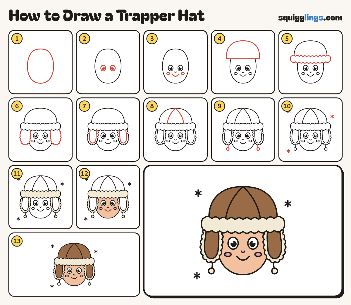 How to Draw a Trapper Hat step by step: all 13 steps in one picture