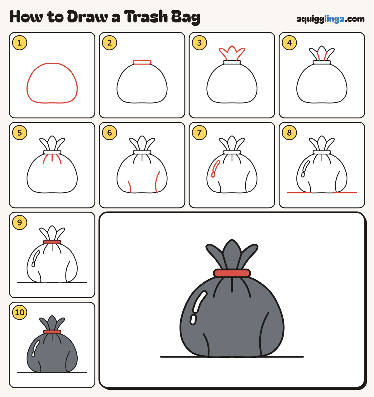 How to Draw a Trash Bag step by step: all 10 steps in one picture