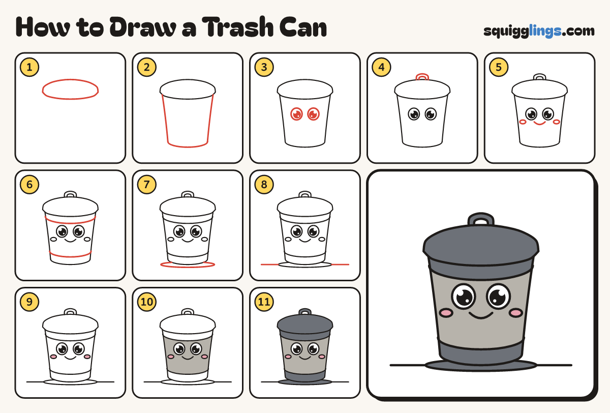 How to Draw a Trash Can step by step: all 11 steps in one picture