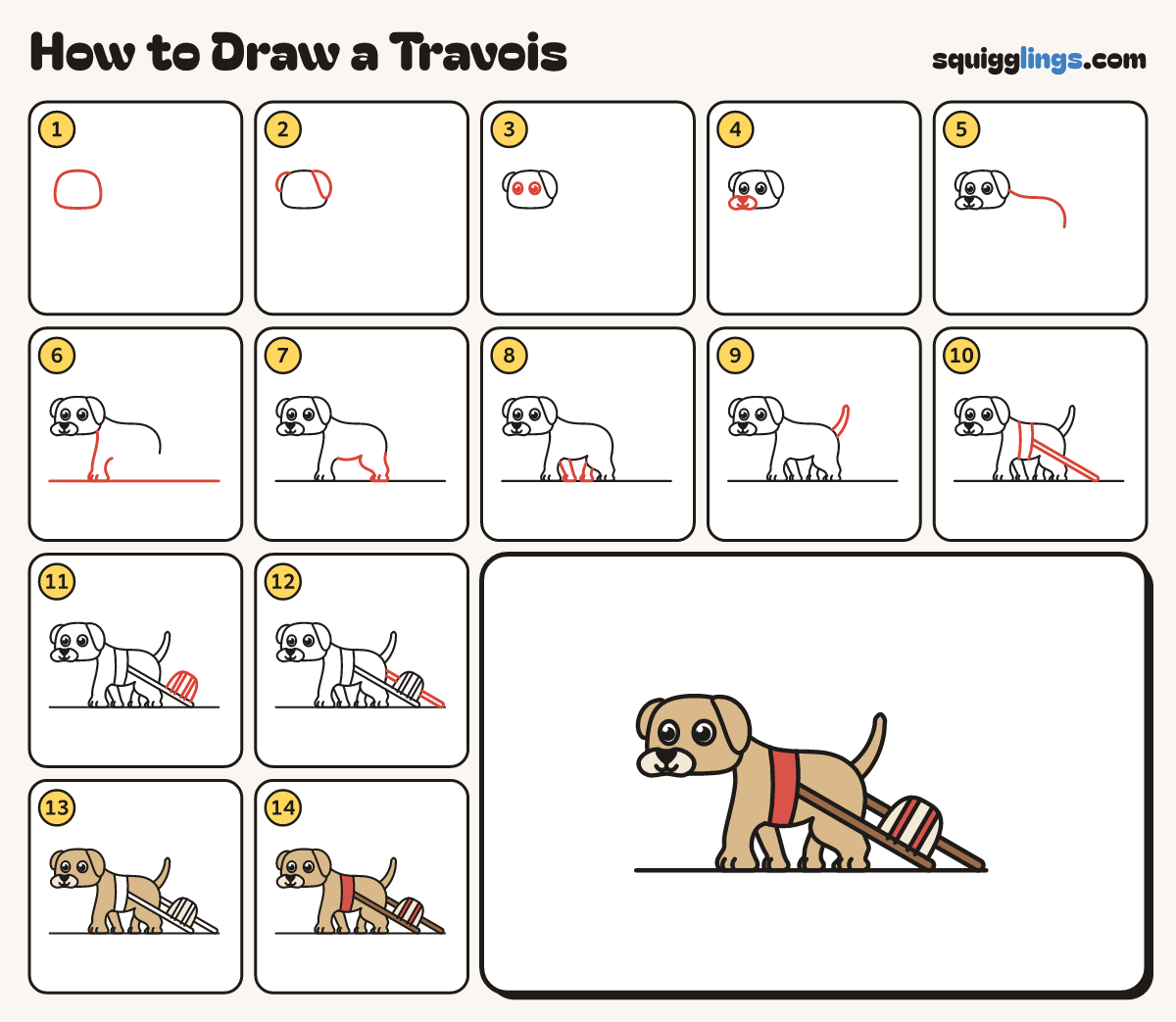 How to Draw a Travois step by step: all 14 steps in one picture