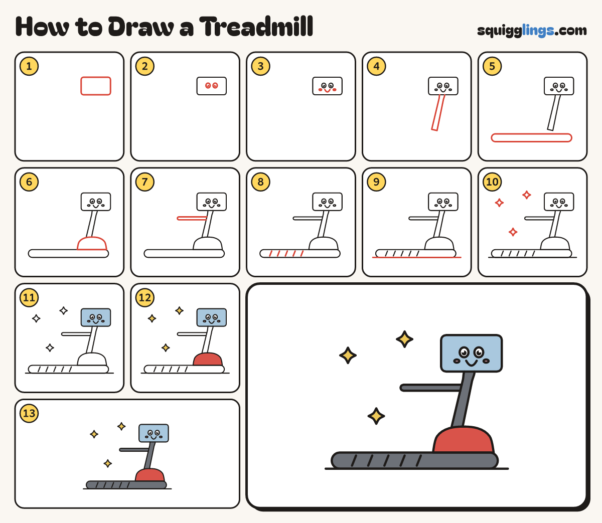 How to Draw a Treadmill step by step: all 13 steps in one picture