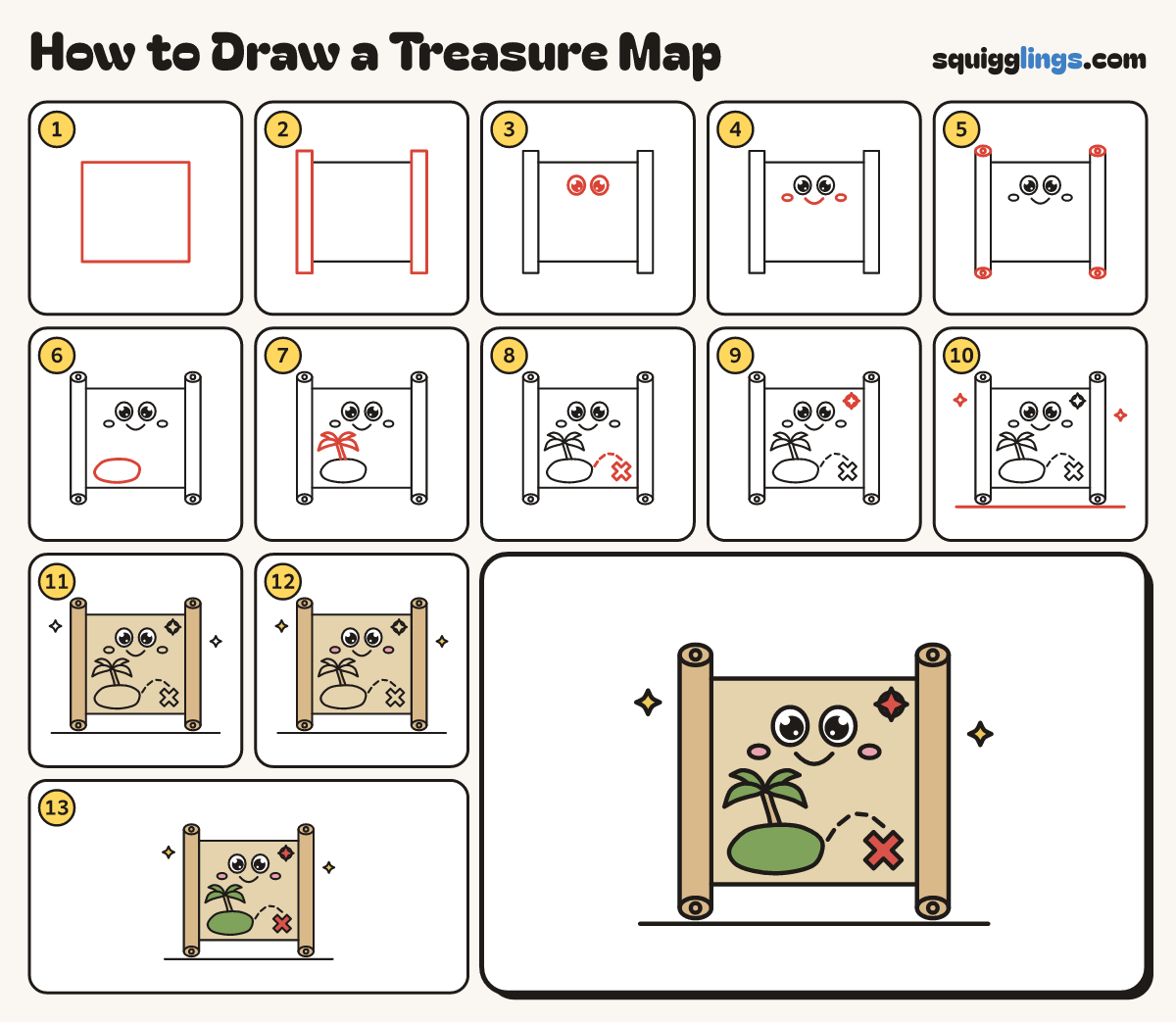 How to Draw a Treasure Map step by step: all 13 steps in one picture