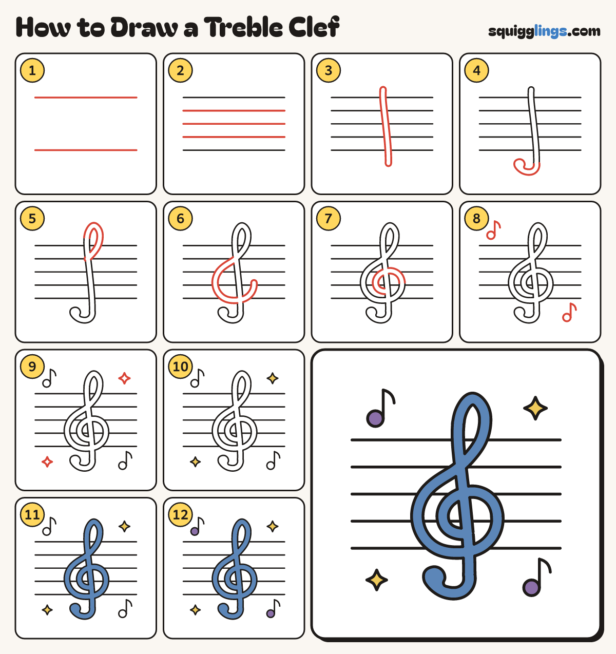 How to Draw a Treble Clef step by step: all 12 steps in one picture