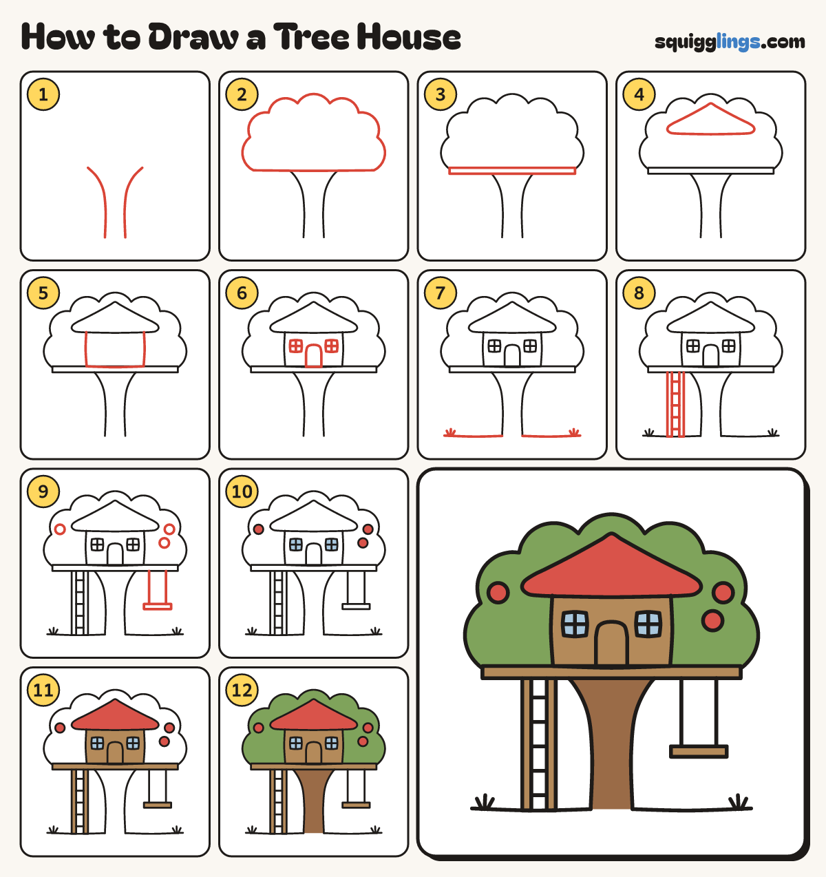 How to Draw a Tree House step by step: all 12 steps in one picture