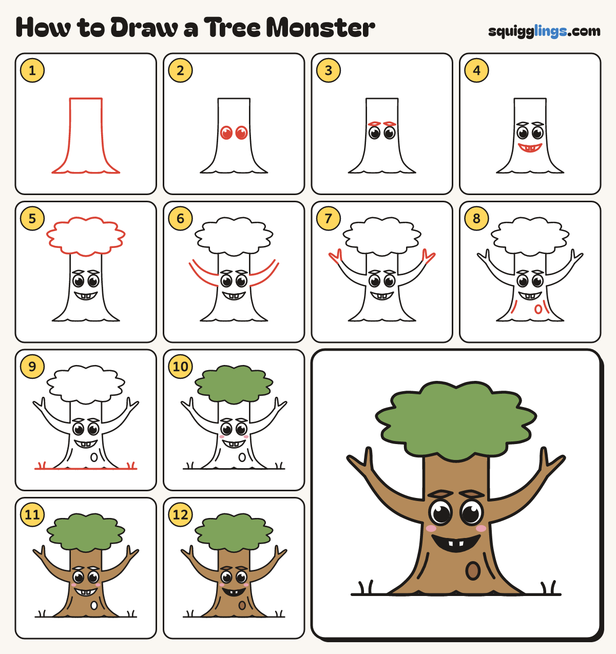 How to Draw a Tree Monster step by step: all 12 steps in one picture