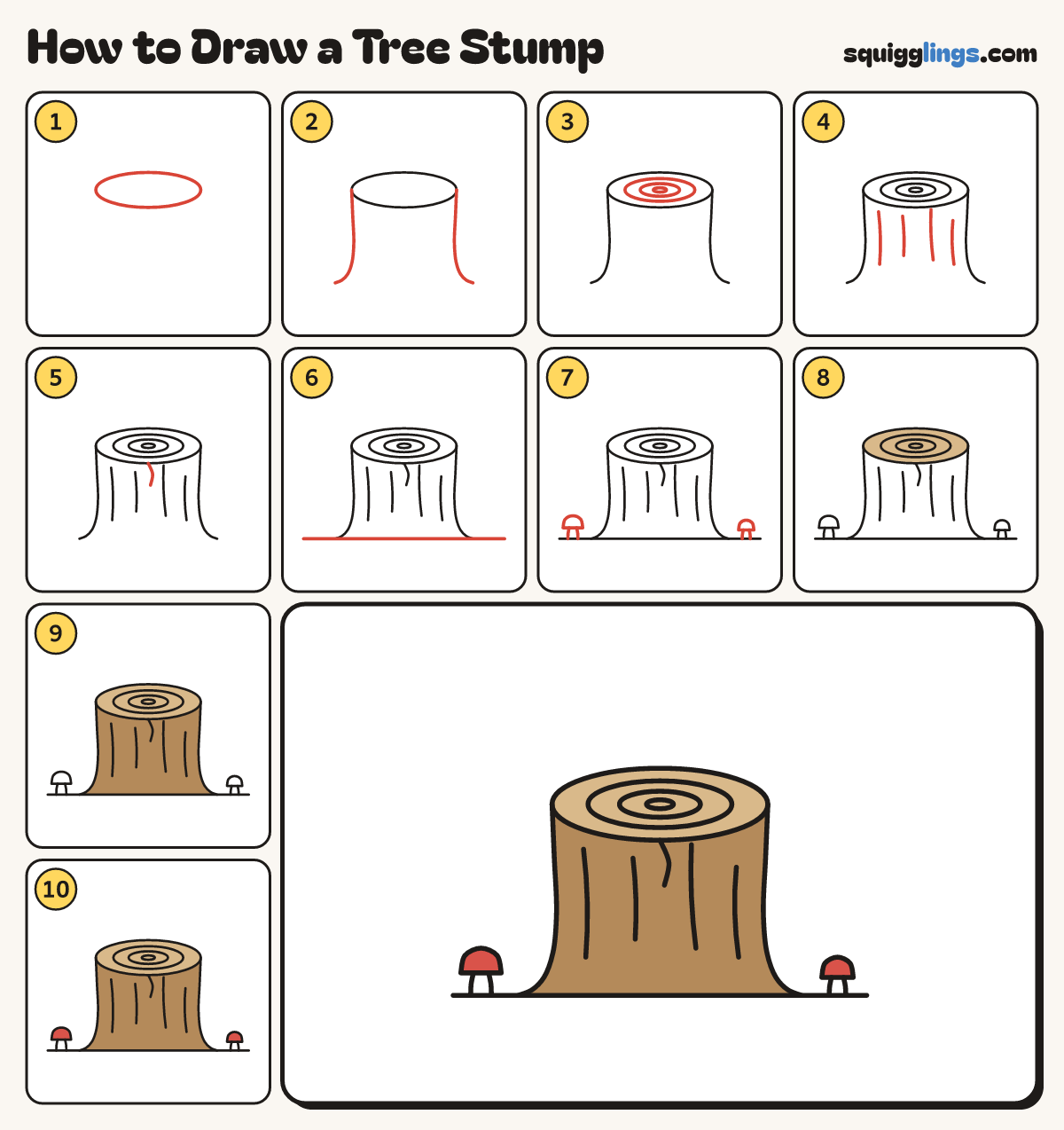 How to Draw a Tree Stump step by step: all 10 steps in one picture