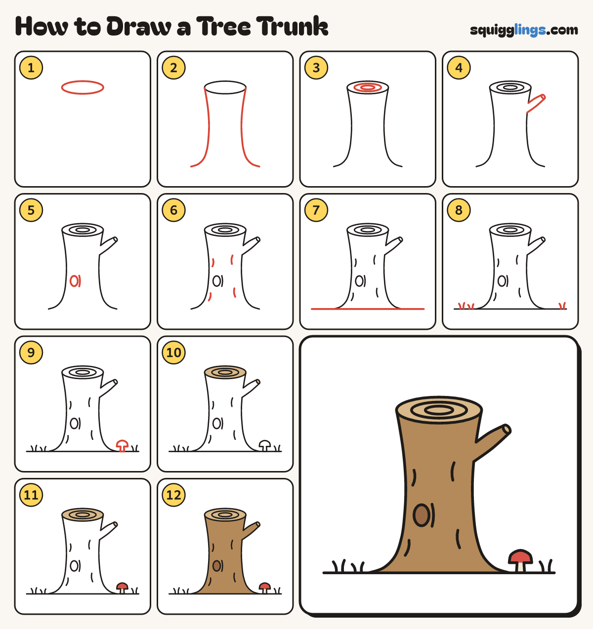 How to Draw a Tree Trunk step by step: all 12 steps in one picture
