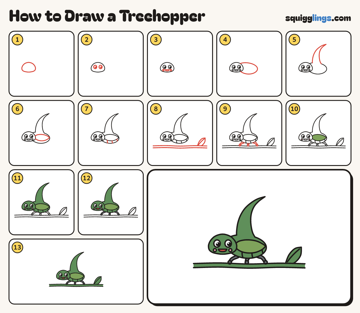 How to Draw a Treehopper step by step: all 13 steps in one picture