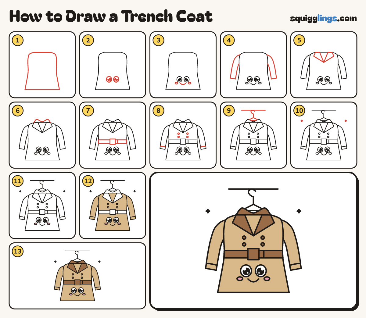 How to Draw a Trench Coat step by step: all 13 steps in one picture