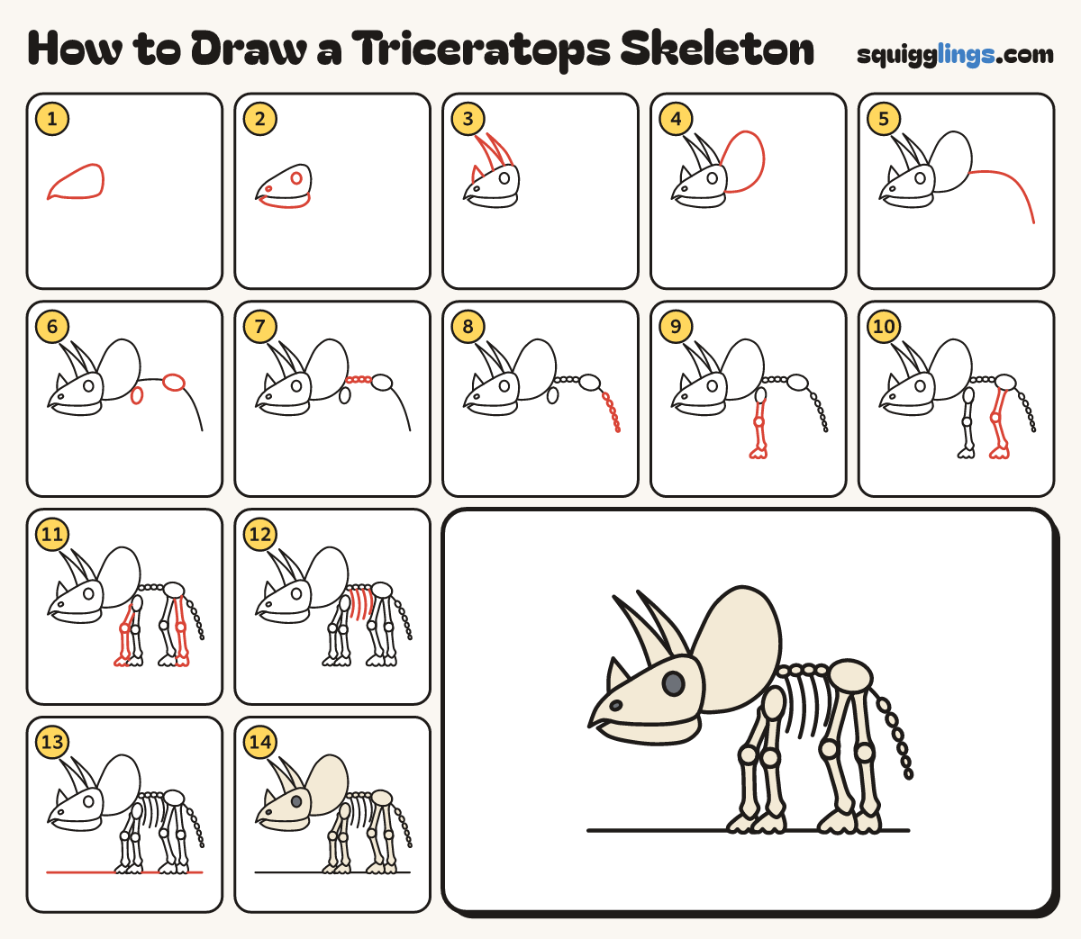 How to Draw a Triceratops Skeleton step by step: all 14 steps in one picture