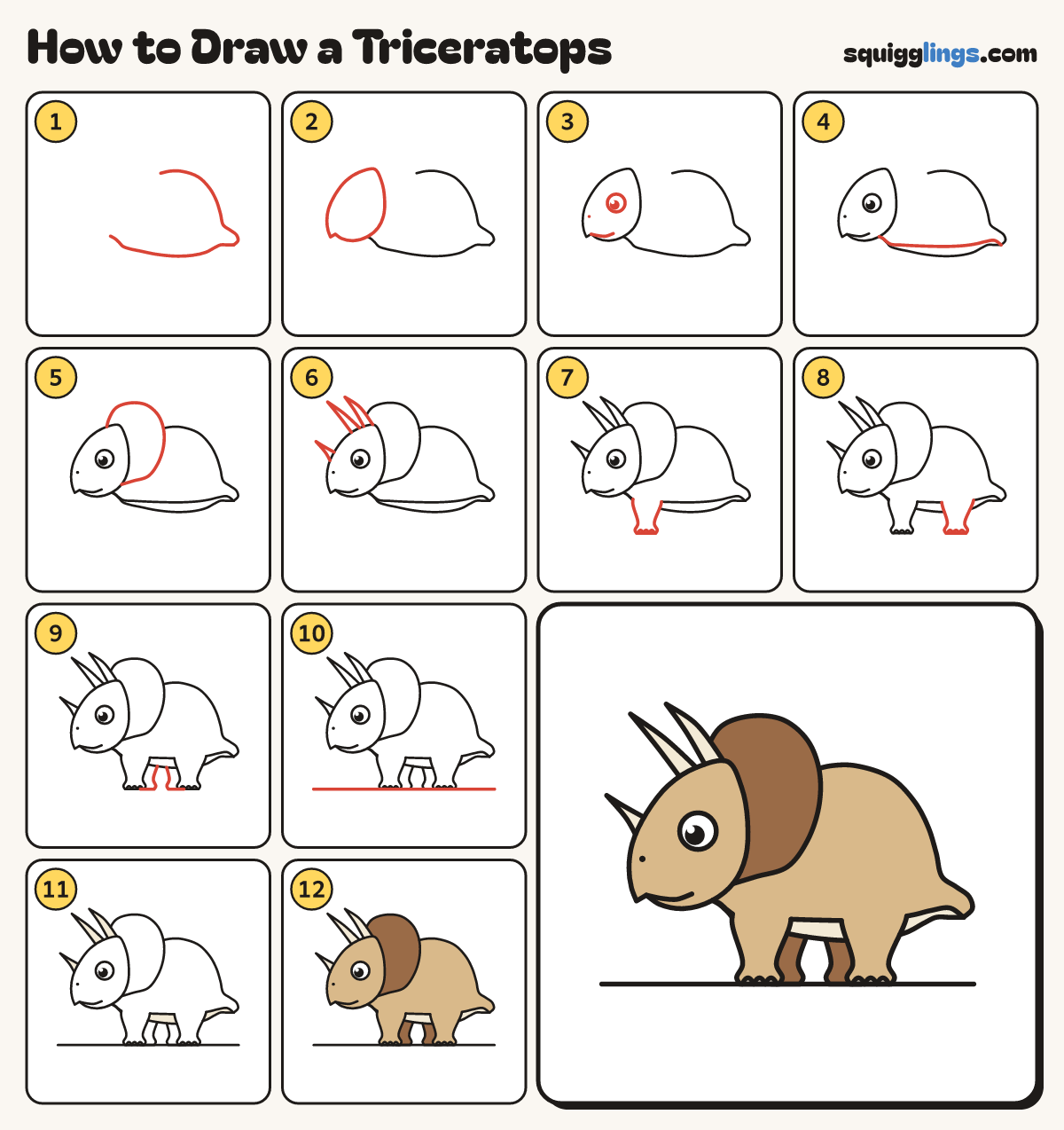 How to Draw a Triceratops step by step: all 12 steps in one picture