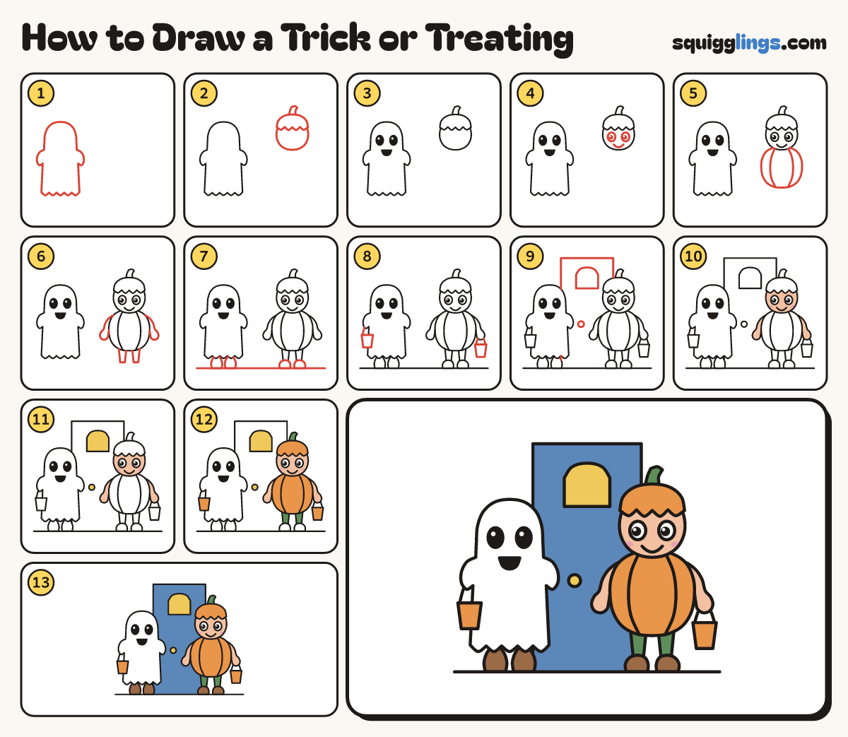 How to Draw a Trick or Treating step by step: all 13 steps in one picture