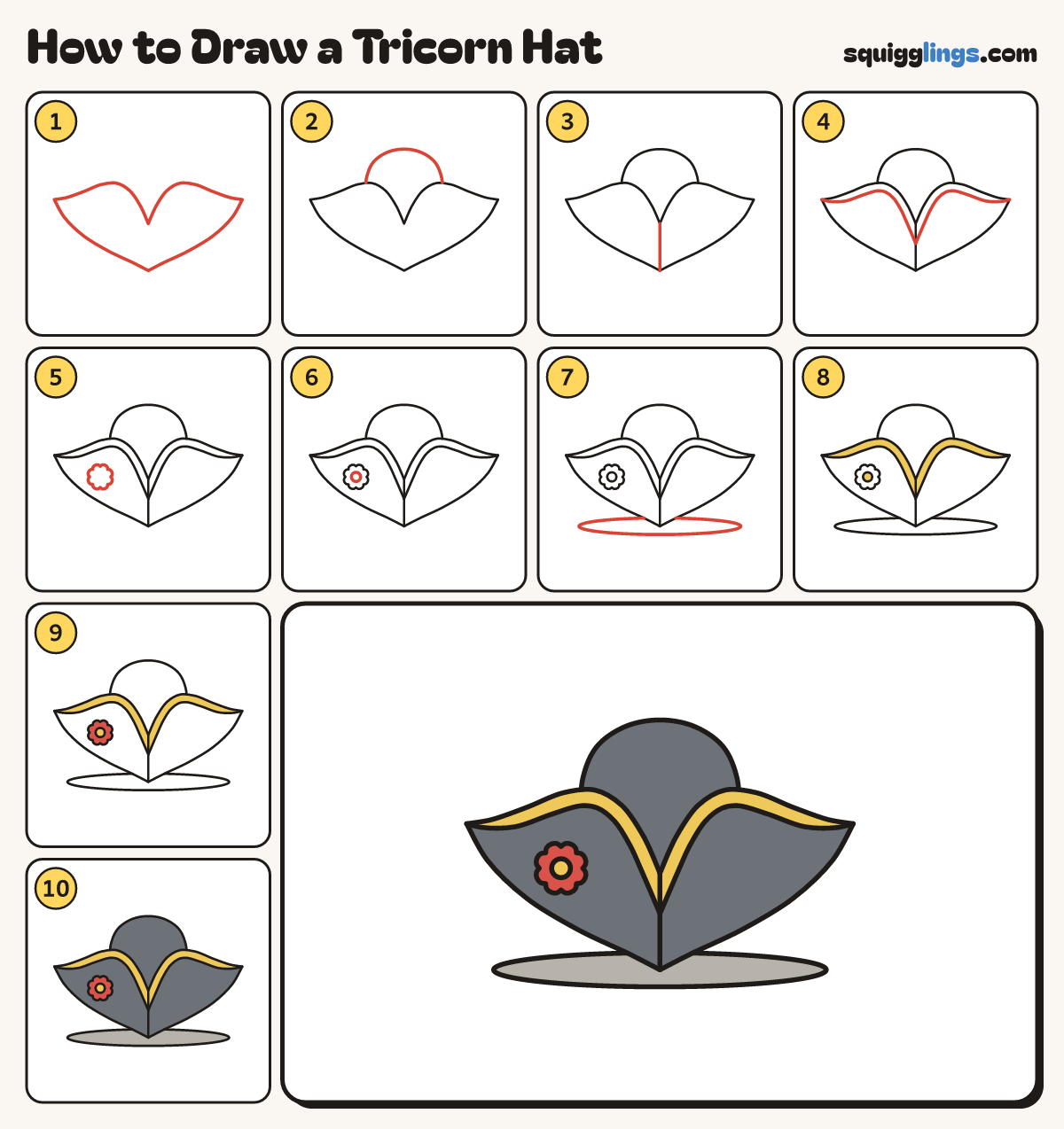 How to Draw a Tricorn Hat step by step: all 10 steps in one picture