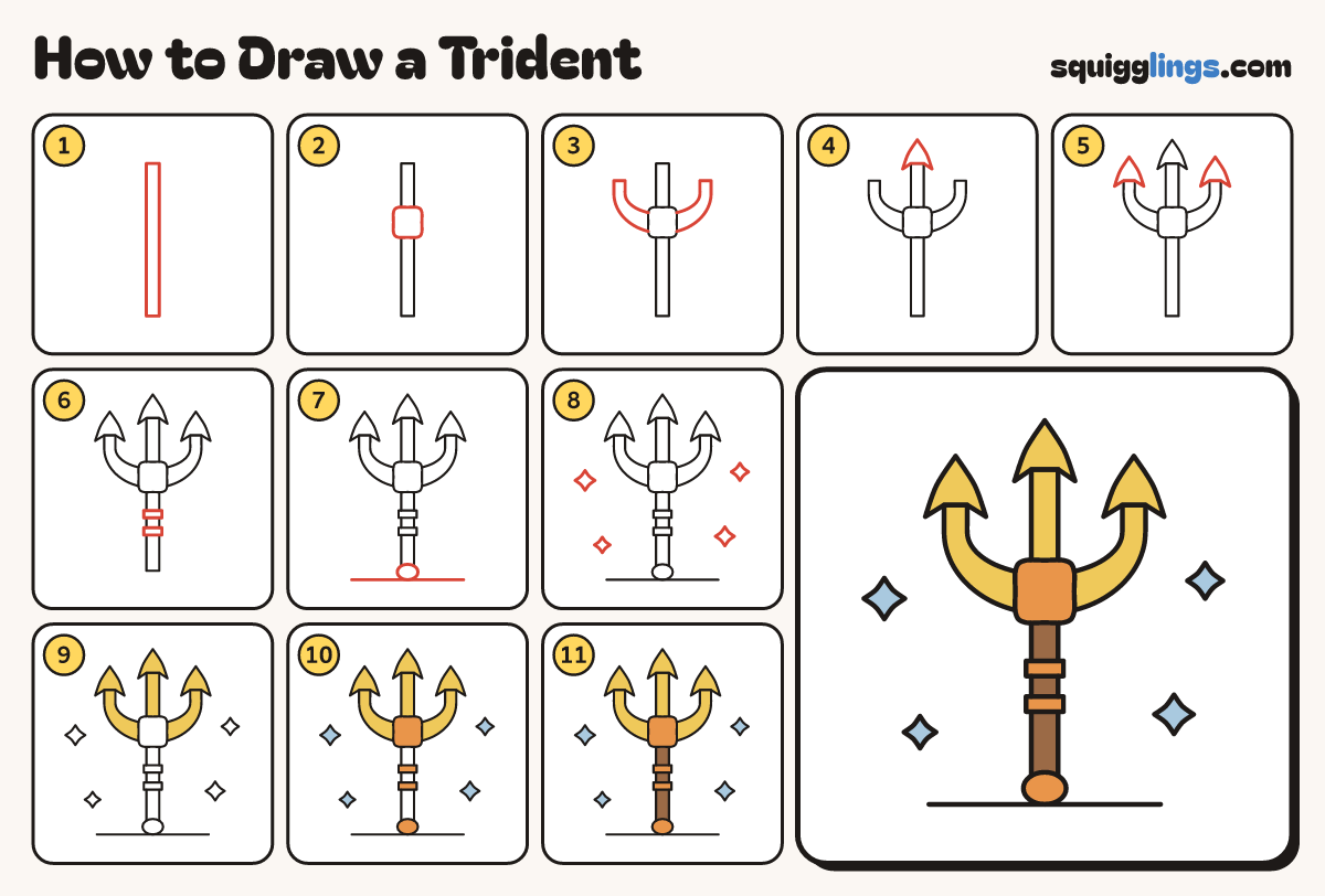 How to Draw a Trident step by step: all 11 steps in one picture
