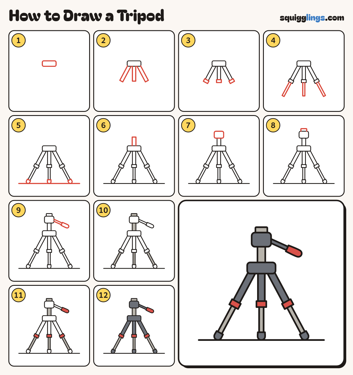 How to Draw a Tripod step by step: all 12 steps in one picture