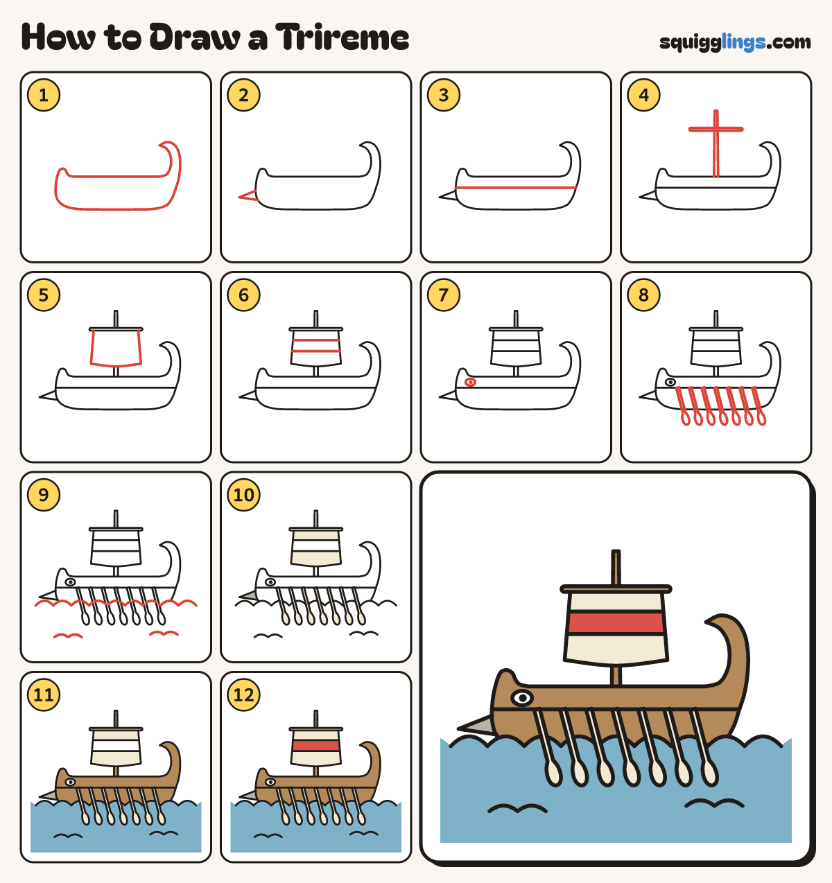 How to Draw a Trireme step by step: all 12 steps in one picture