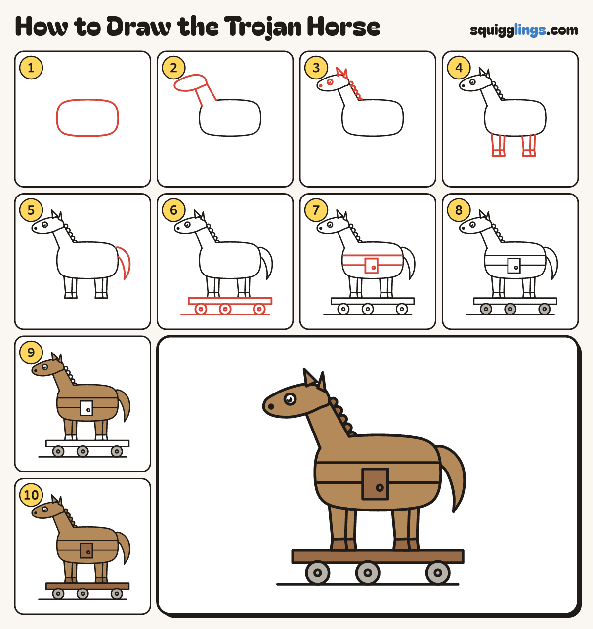How to Draw the Trojan Horse step by step: all 10 steps in one picture