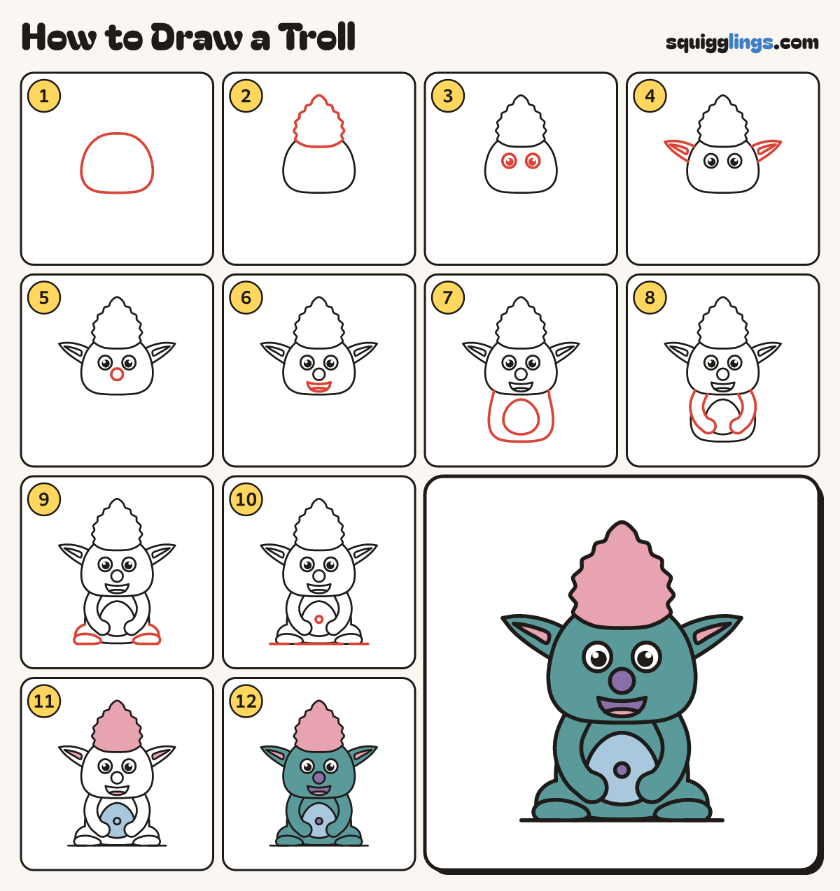 How to Draw a Troll step by step: all 12 steps in one picture