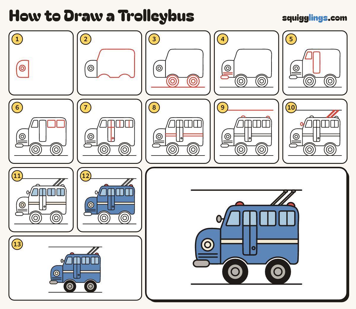 How to Draw a Trolleybus step by step: all 13 steps in one picture