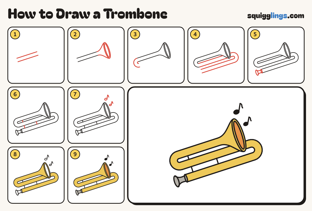 How to Draw a Trombone step by step: all 9 steps in one picture