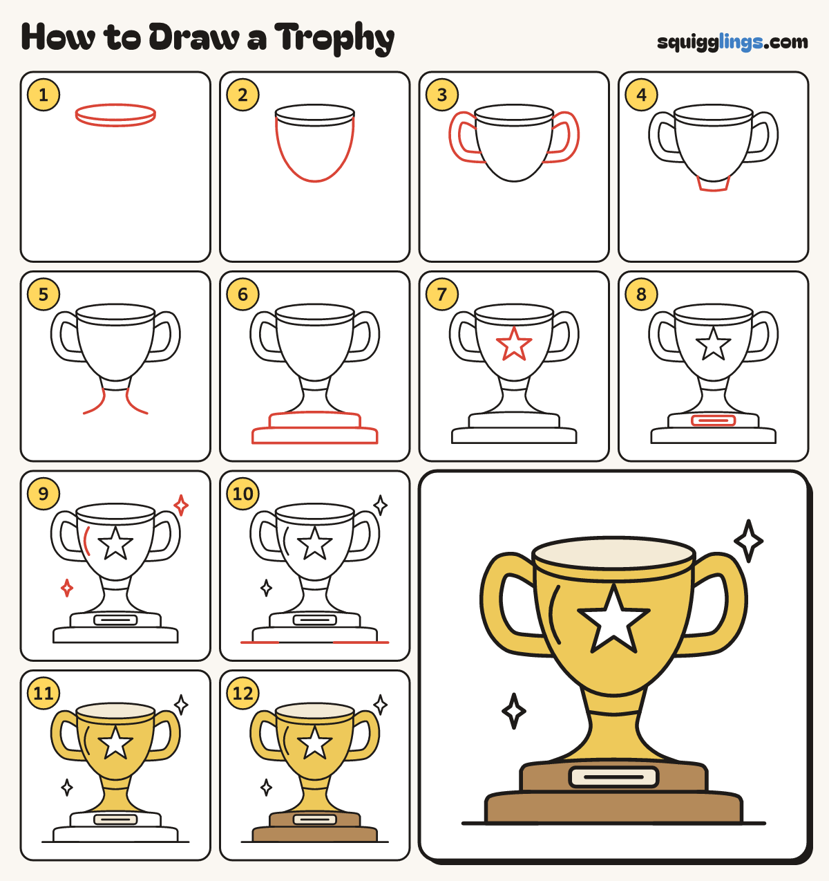 How to Draw a Trophy step by step: all 12 steps in one picture