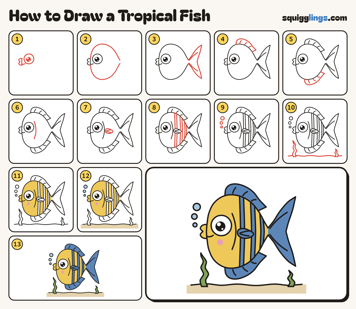 How to Draw a Tropical Fish step by step: all 13 steps in one picture