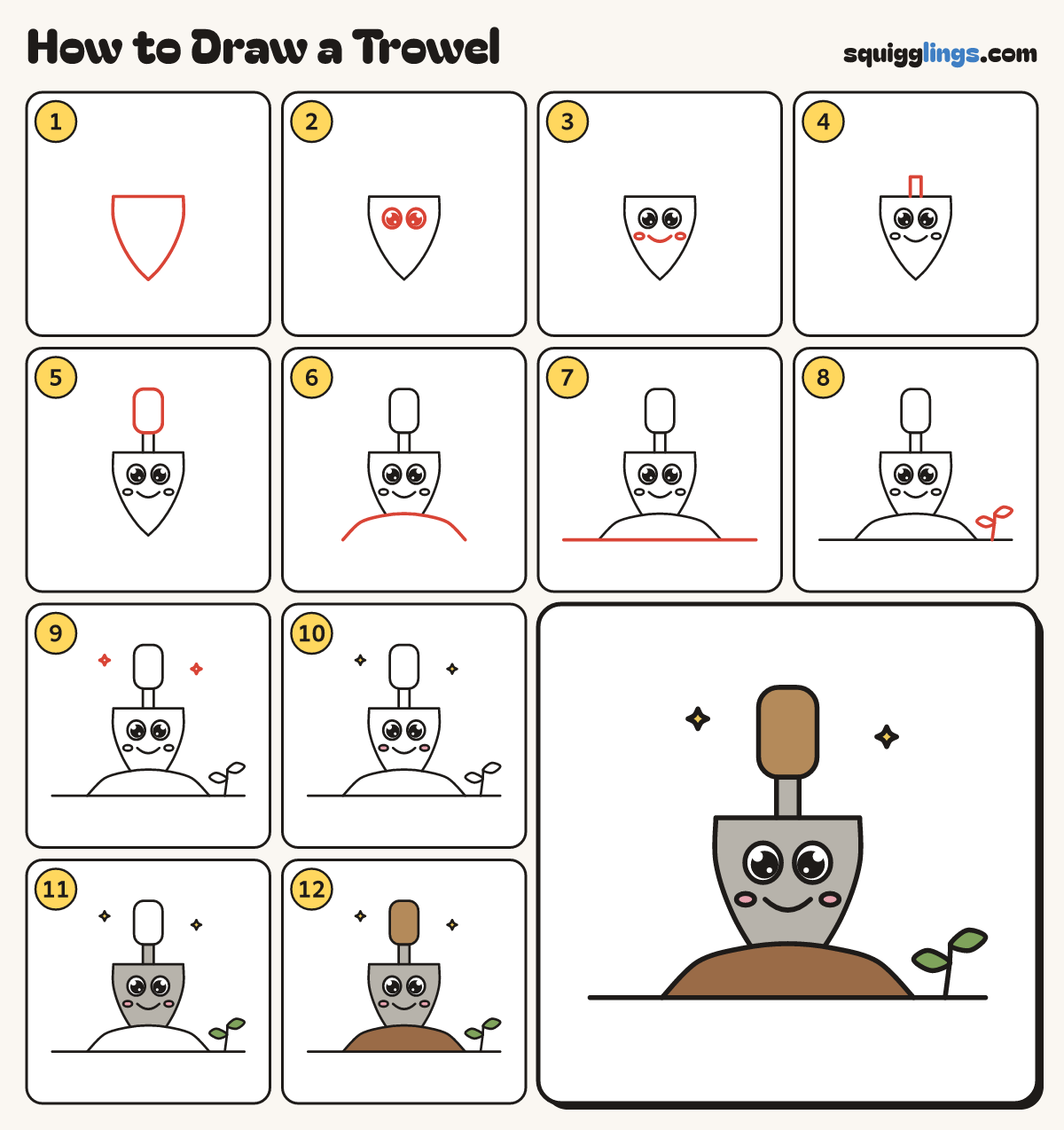 How to Draw a Trowel step by step: all 12 steps in one picture