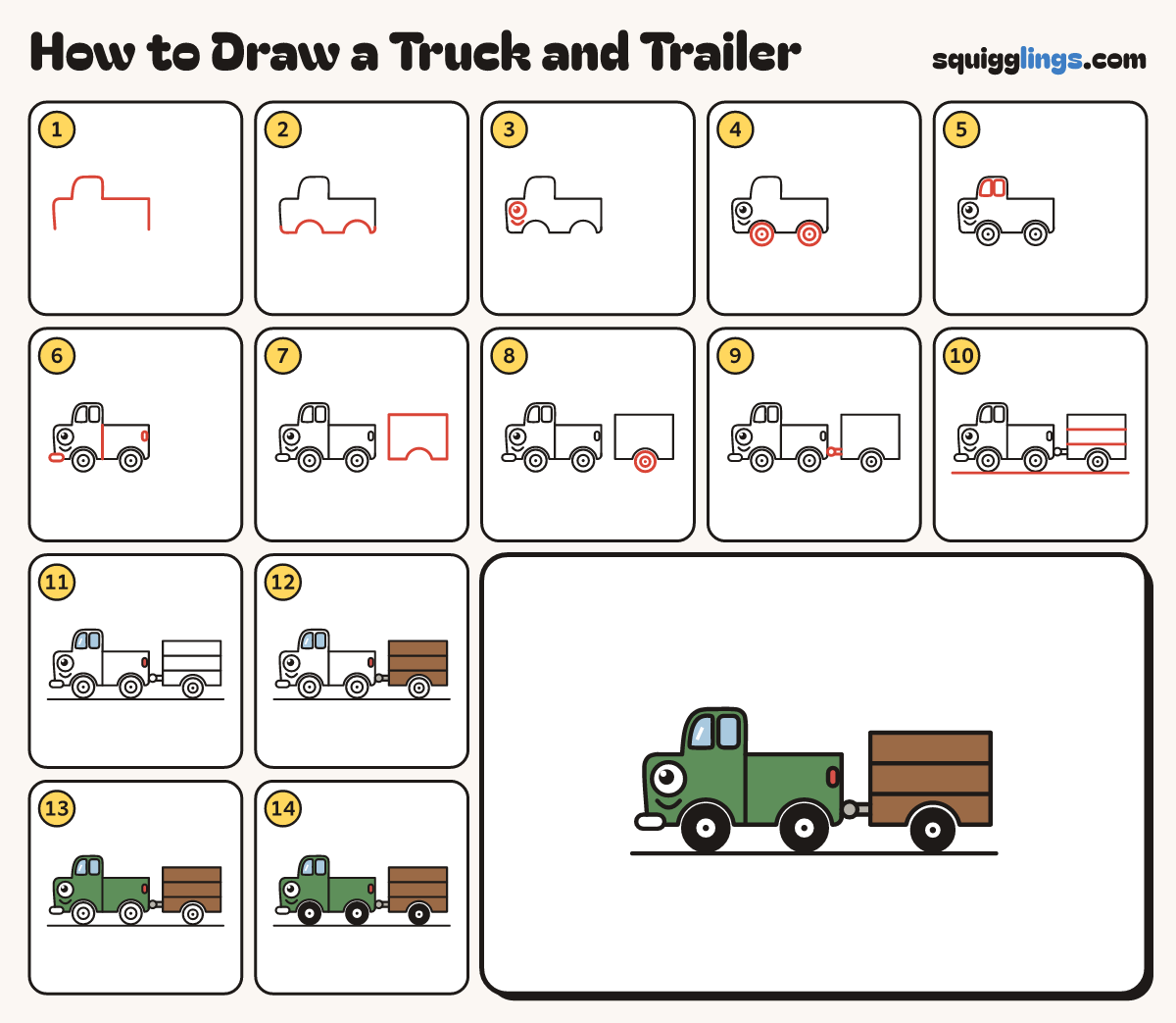 How to Draw a Truck and Trailer step by step: all 14 steps in one picture