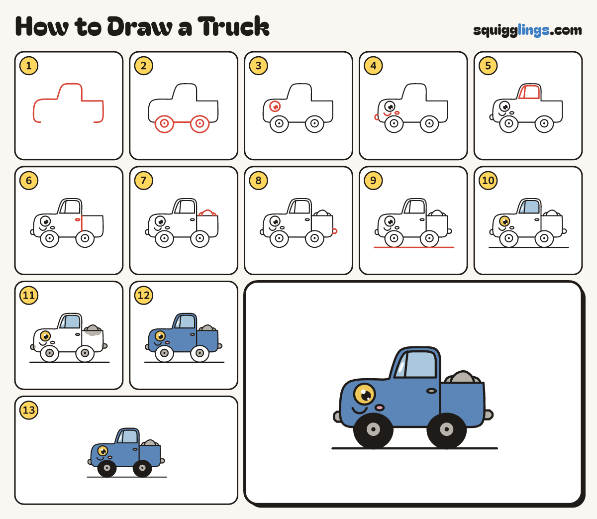 How to Draw a Truck step by step: all 13 steps in one picture
