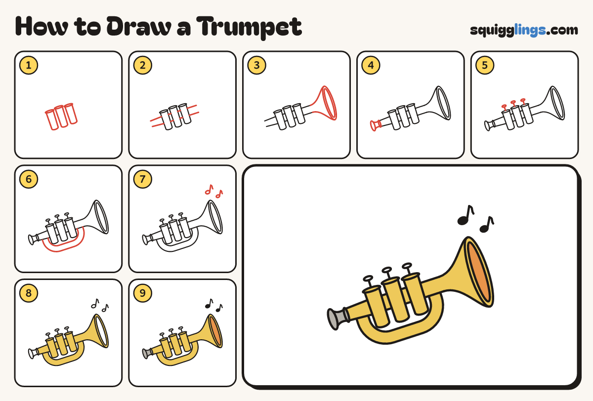 How to Draw a Trumpet step by step: all 9 steps in one picture