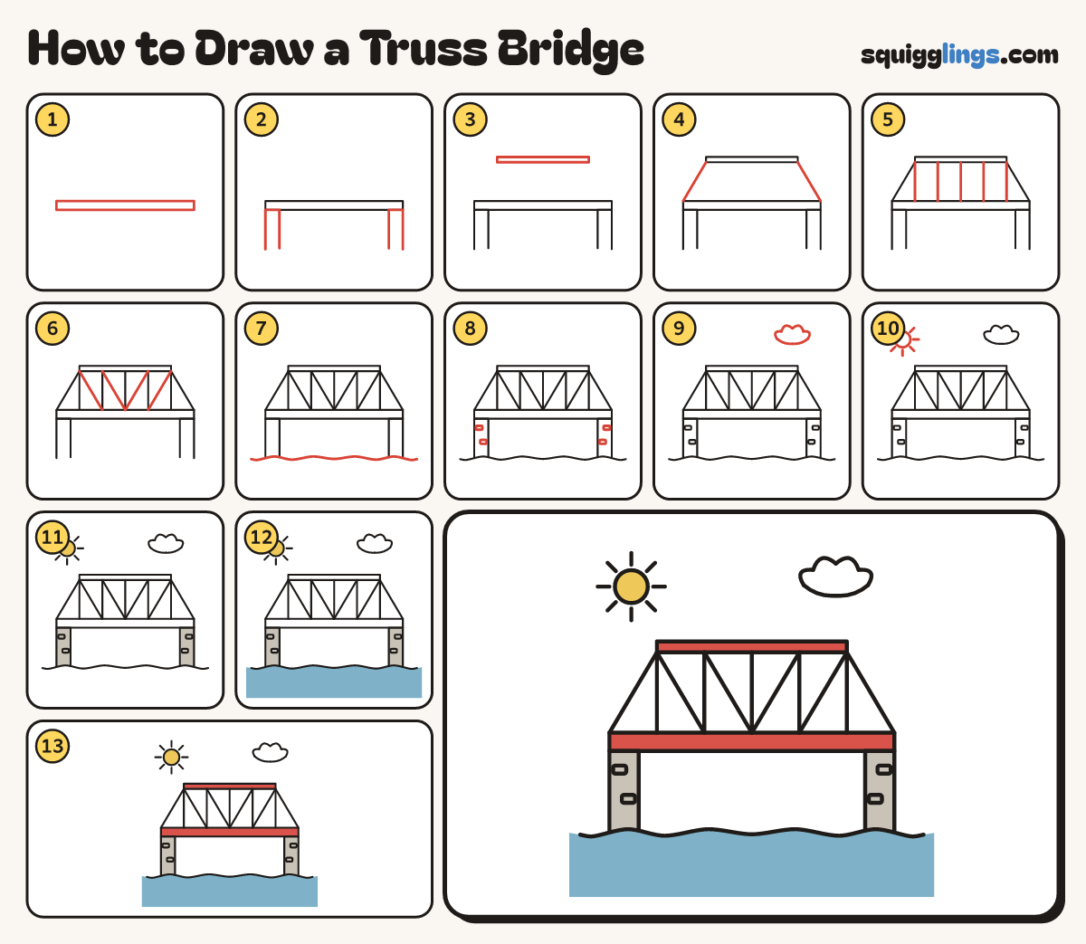 How to Draw a Truss Bridge step by step: all 13 steps in one picture