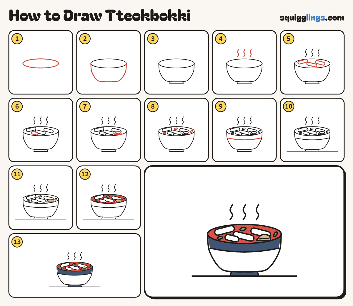 How to Draw Tteokbokki step by step: all 13 steps in one picture