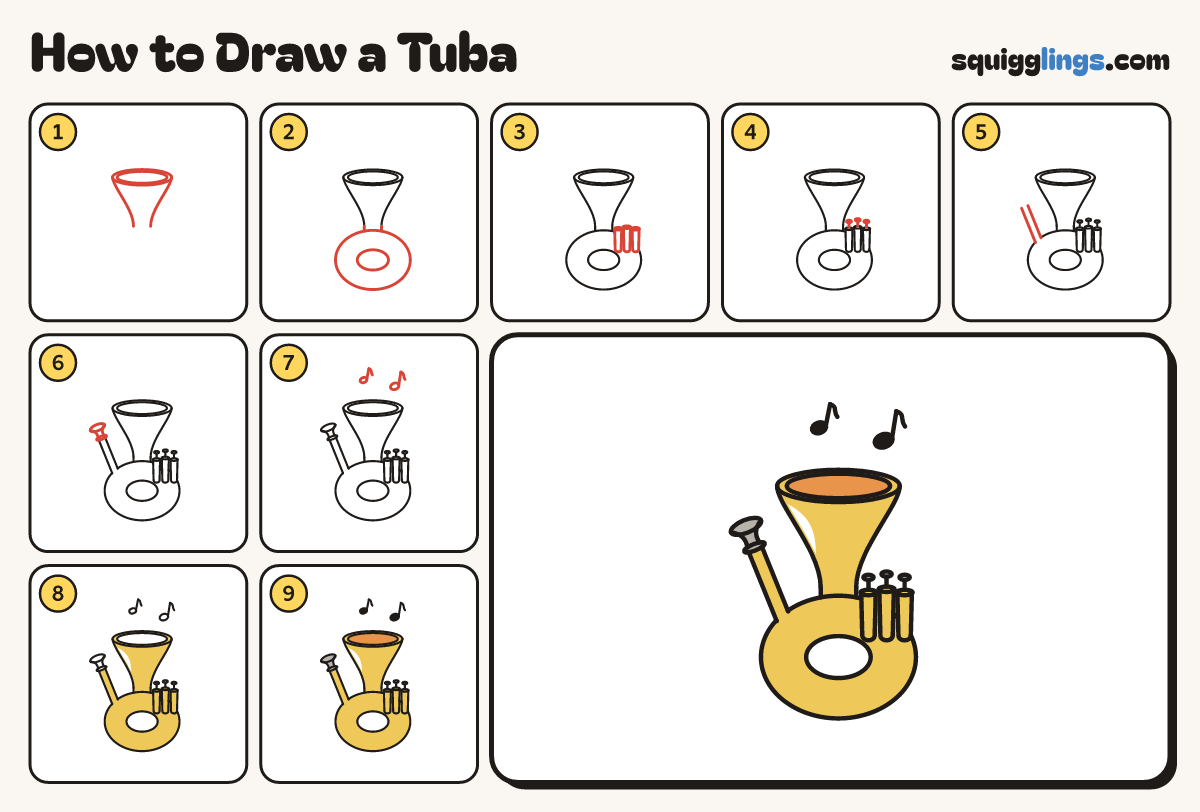 How to Draw a Tuba step by step: all 9 steps in one picture