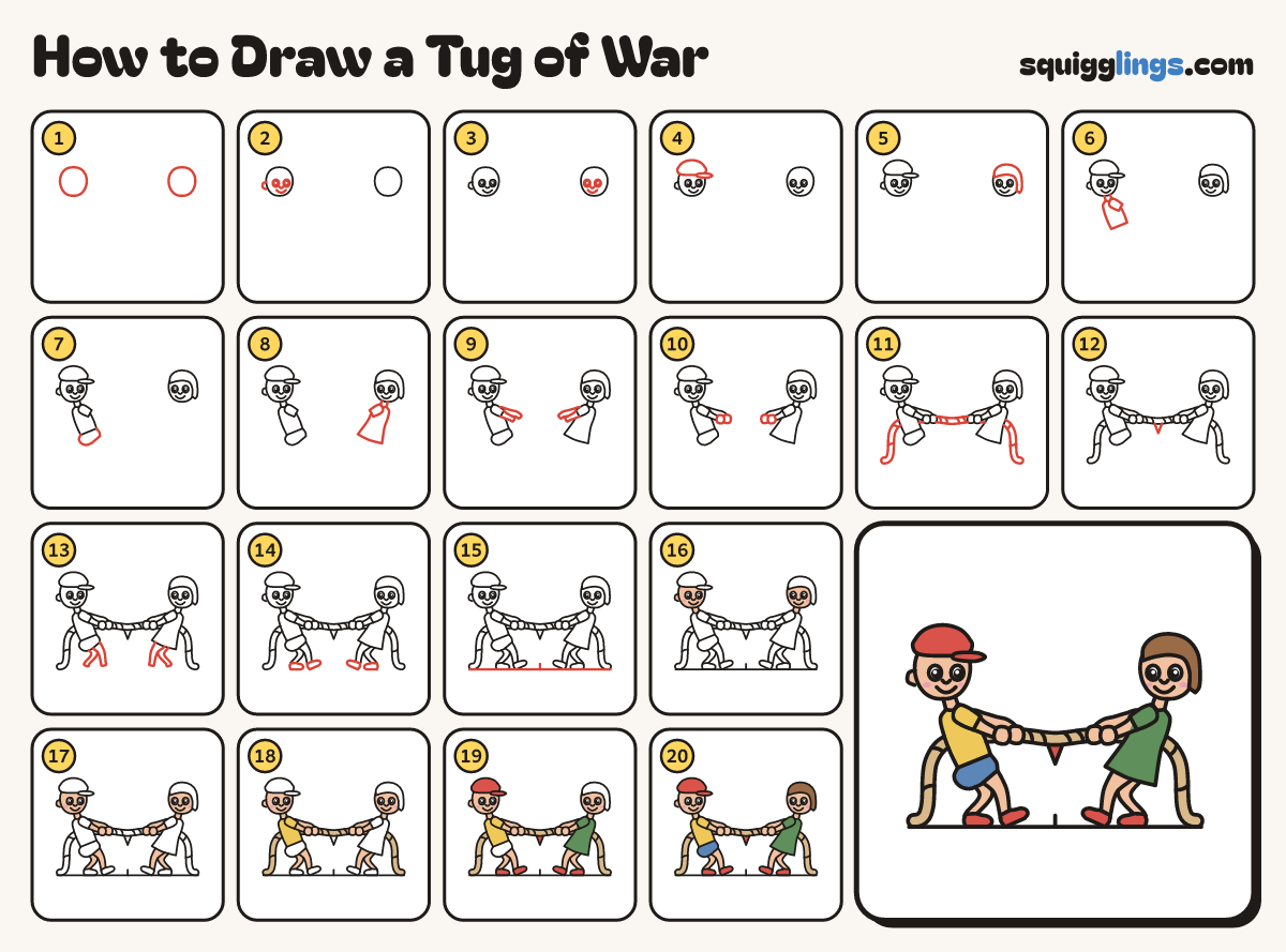 How to Draw a Tug of War step by step: all 20 steps in one picture
