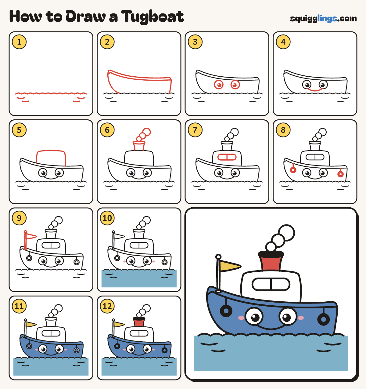 How to Draw a Tugboat step by step: all 12 steps in one picture