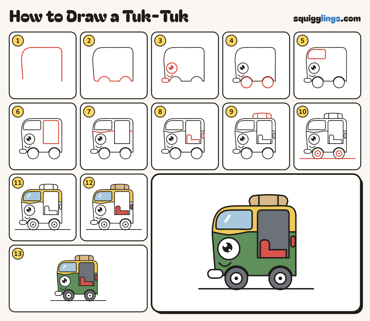 How to Draw a Tuk-Tuk step by step: all 13 steps in one picture