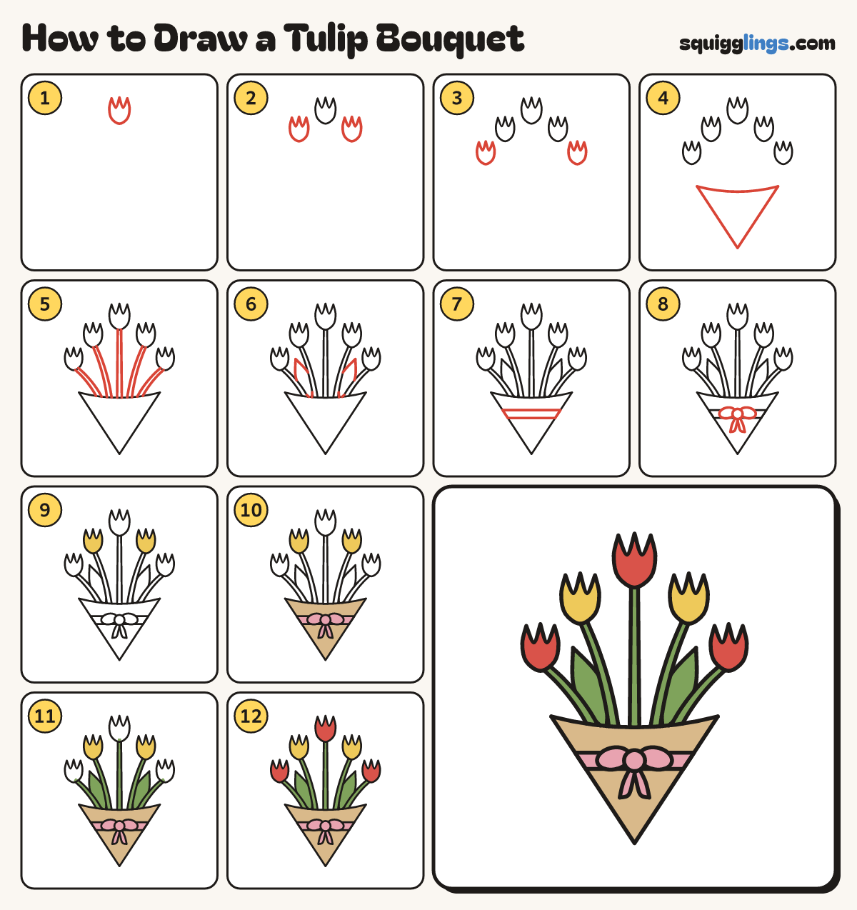 How to Draw a Tulip Bouquet step by step: all 12 steps in one picture