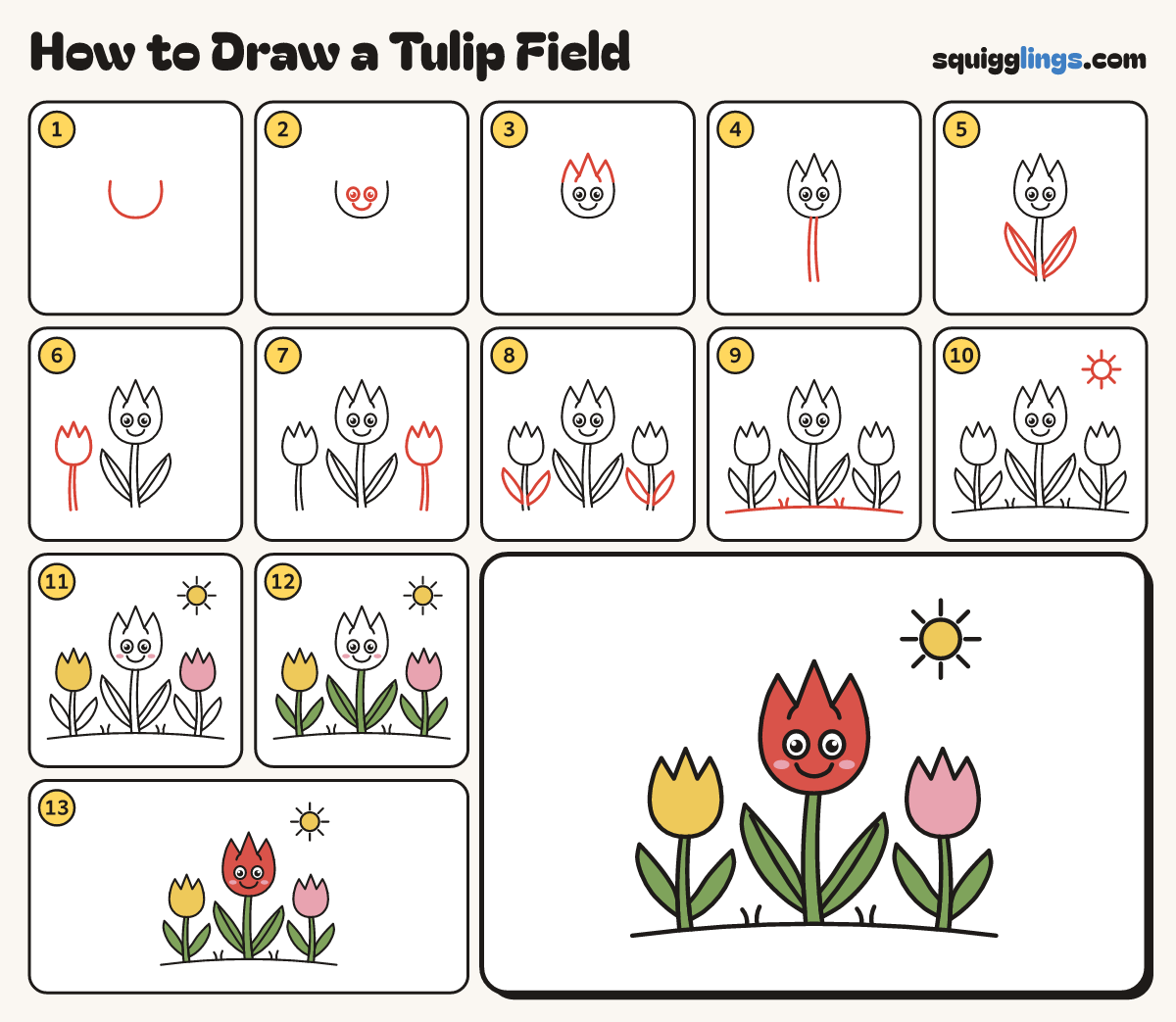 How to Draw a Tulip Field step by step: all 13 steps in one picture