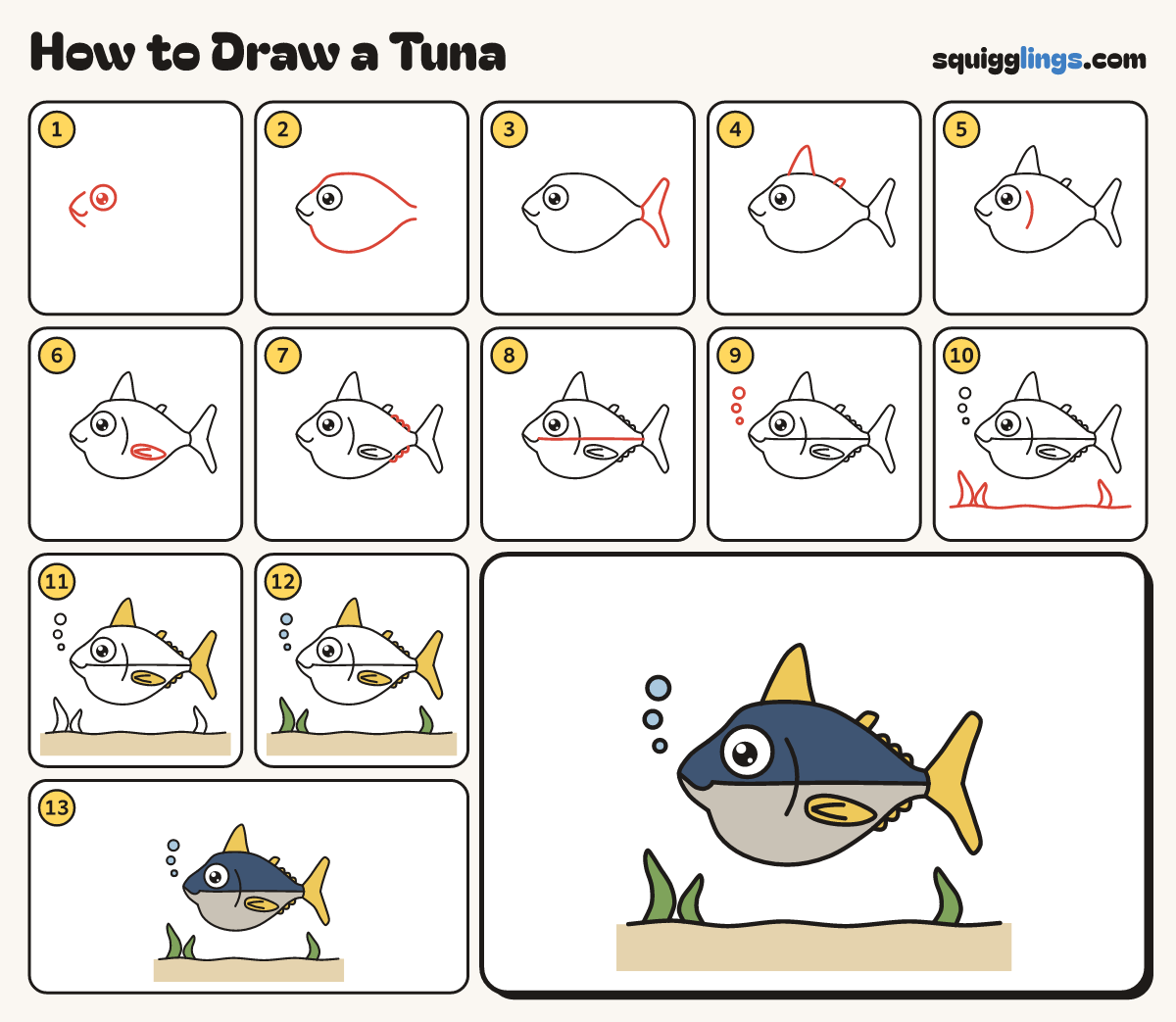 How to Draw a Tuna step by step: all 13 steps in one picture