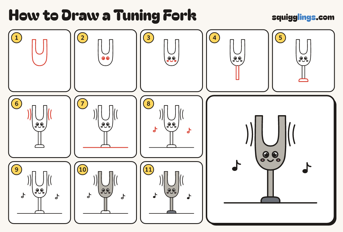 How to Draw a Tuning Fork step by step: all 11 steps in one picture