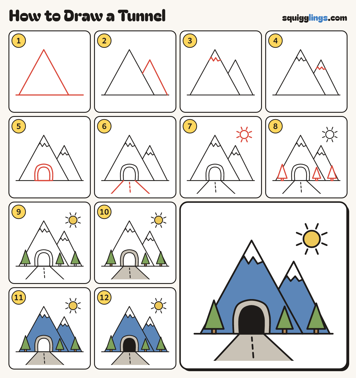 How to Draw a Tunnel step by step: all 12 steps in one picture