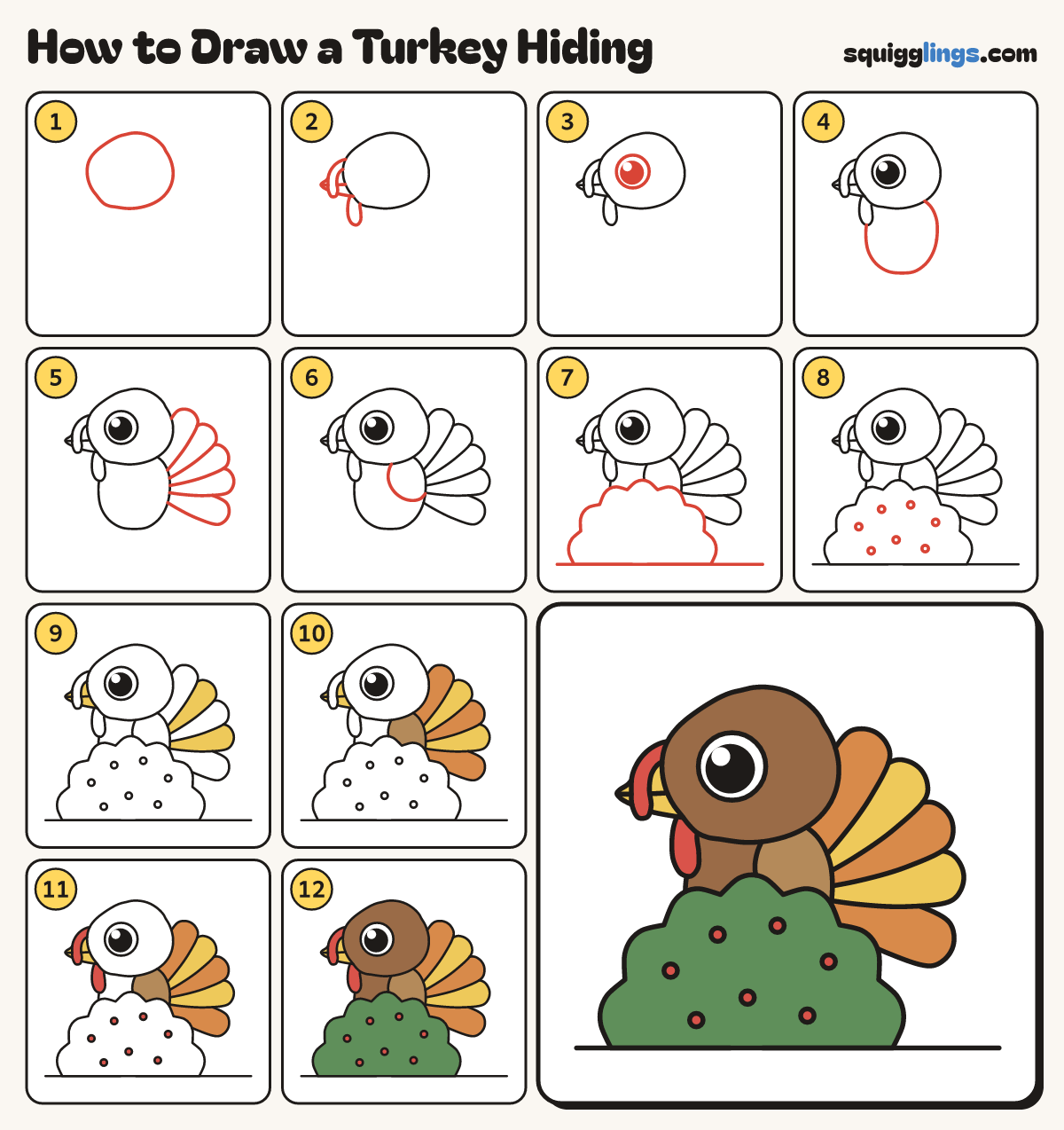 How to Draw a Turkey Hiding step by step: all 12 steps in one picture