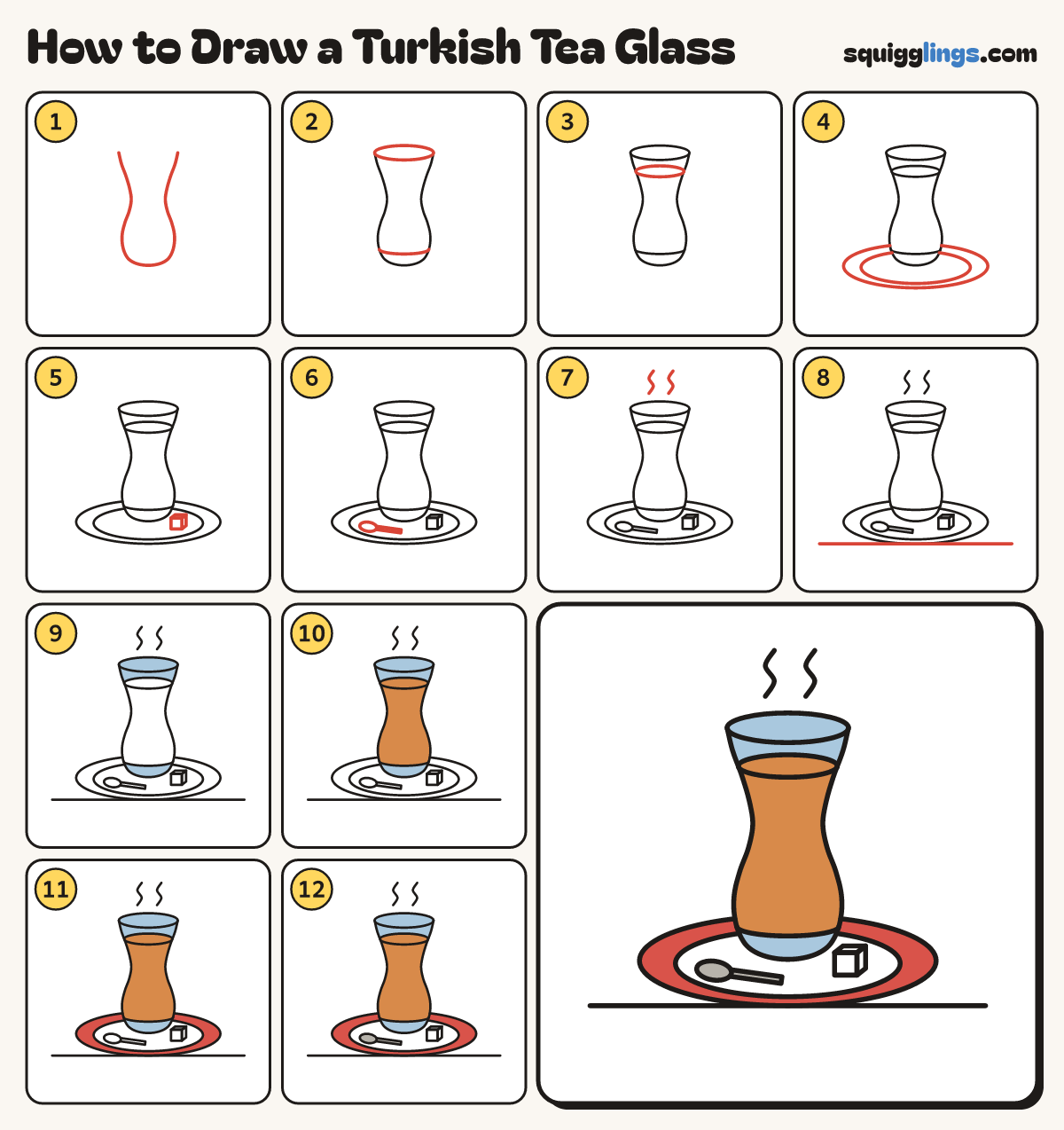 How to Draw a Turkish Tea Glass step by step: all 12 steps in one picture